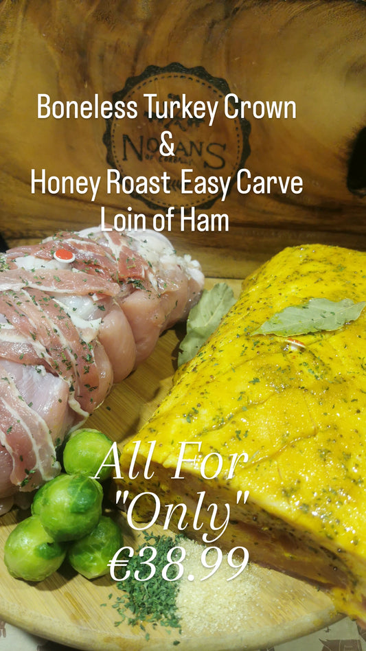 4 lb Boneless Turkey Breast Crown + 4lb Easy Carve Honey & Mustard Loin of Ham boat in our Cooking Bags & Roasting Trays