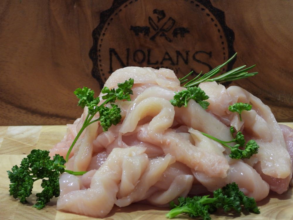 3 Sliced chicken breast fillets taken fresh off the bone, daily at Nolan's of Corbally
1 fo any 5 for €20 or 7 for €28